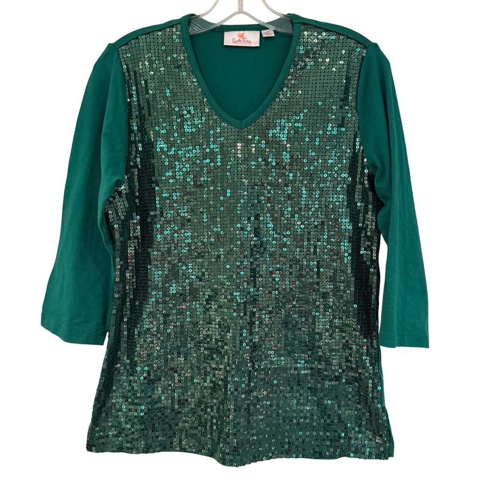 Quacker Factory Sequin V-Neck 3/4‎ Sleeve Glam Top Womens XS Green Holiday Party
